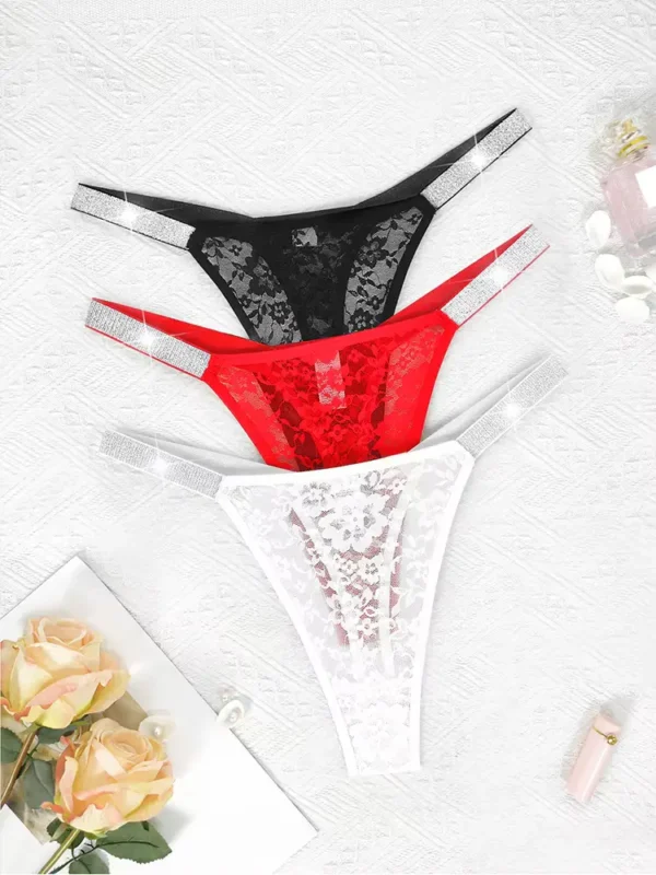 Tangas Sexis de Encaje con Diseño Floral – Ropa Interior Cómoda y Elegante para Mujer 3 Unid