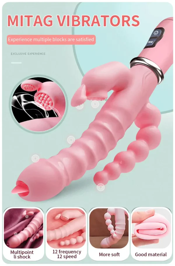 Consolador 3 en 1 Vibrador con Función de Lamer – Estimulador de Punto G, Clítoris y Anal - Image 2